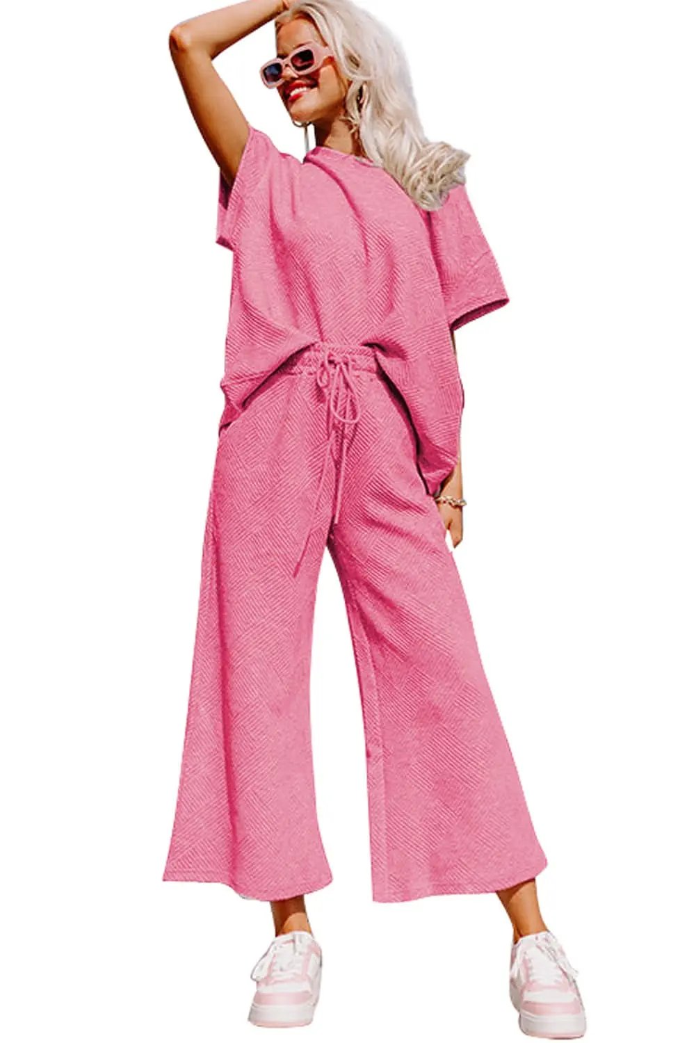 Strawberry Pink Textured Loose Fit T Shirt and Drawstring Pants Set - Love Salve
